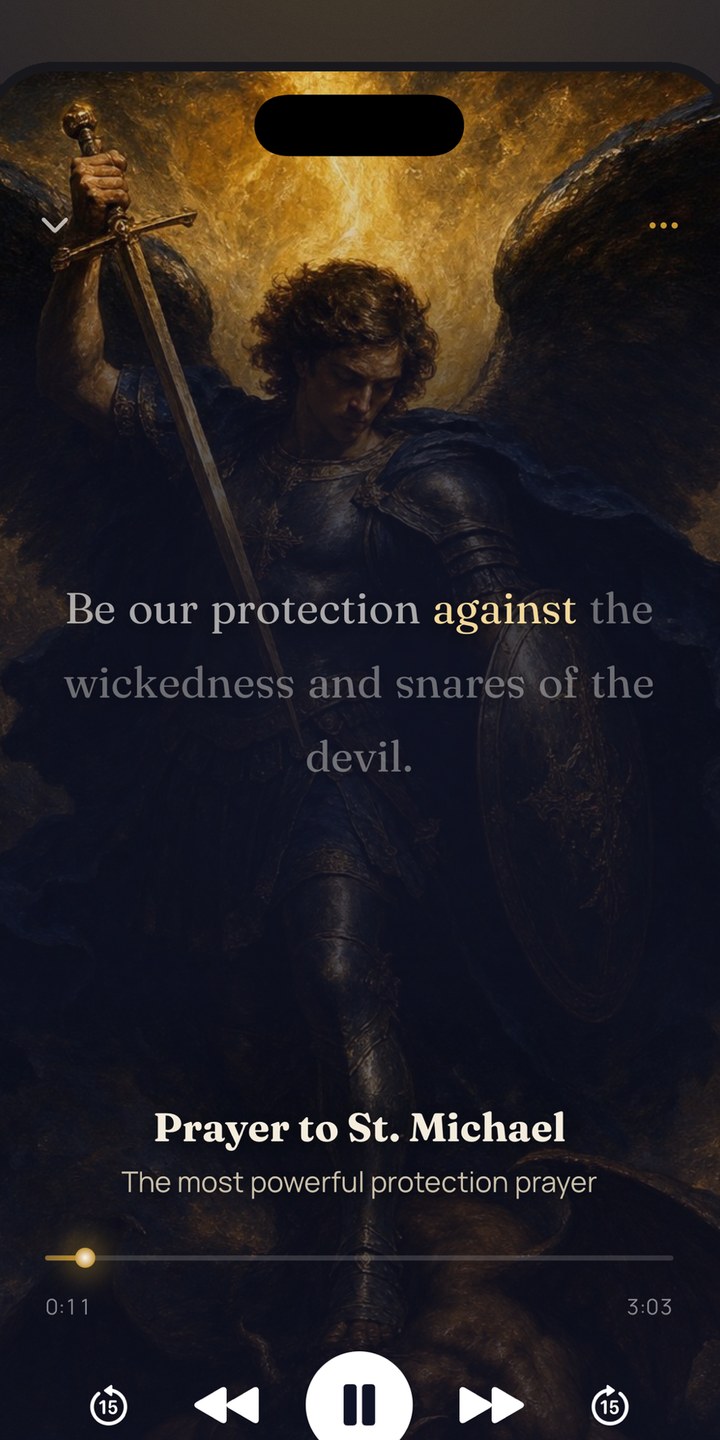 The AngelGuard prayer player reading the Prayer to St. Michael, the current words lit in gold